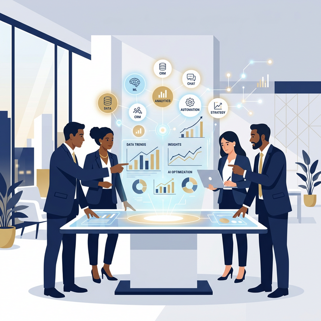 ビジネスチームがAIツールの選択について議論しているイラスト