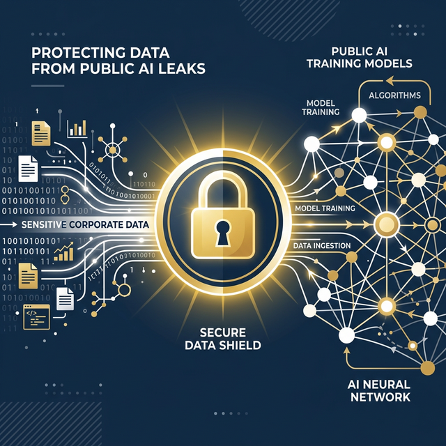 デジタルデータとAIニューラルネットワークの上に光るセキュリティロックアイコンが表示されている様子