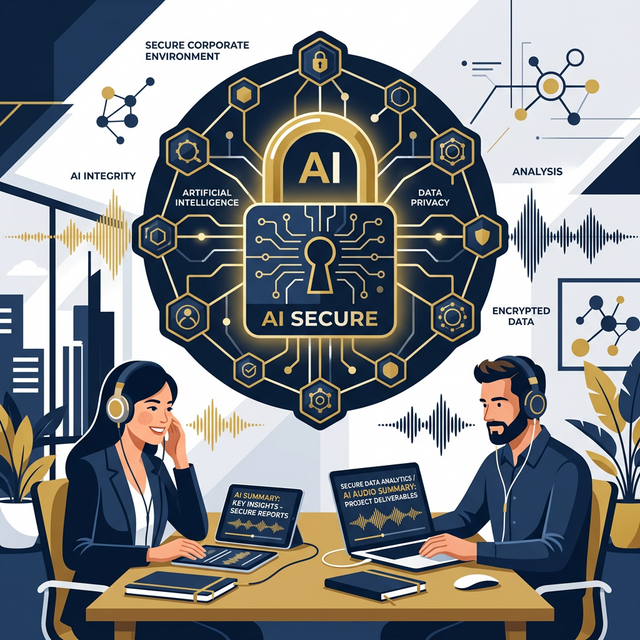 セキュアなネットワーク環境内で、2人のビジネスパーソンがAIを利用しているイメージイラスト